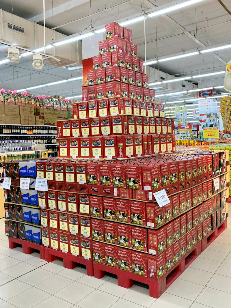 Retail pyramid of wine gift boxes bottled in Vietnam by La Martiniquaise Vietnam